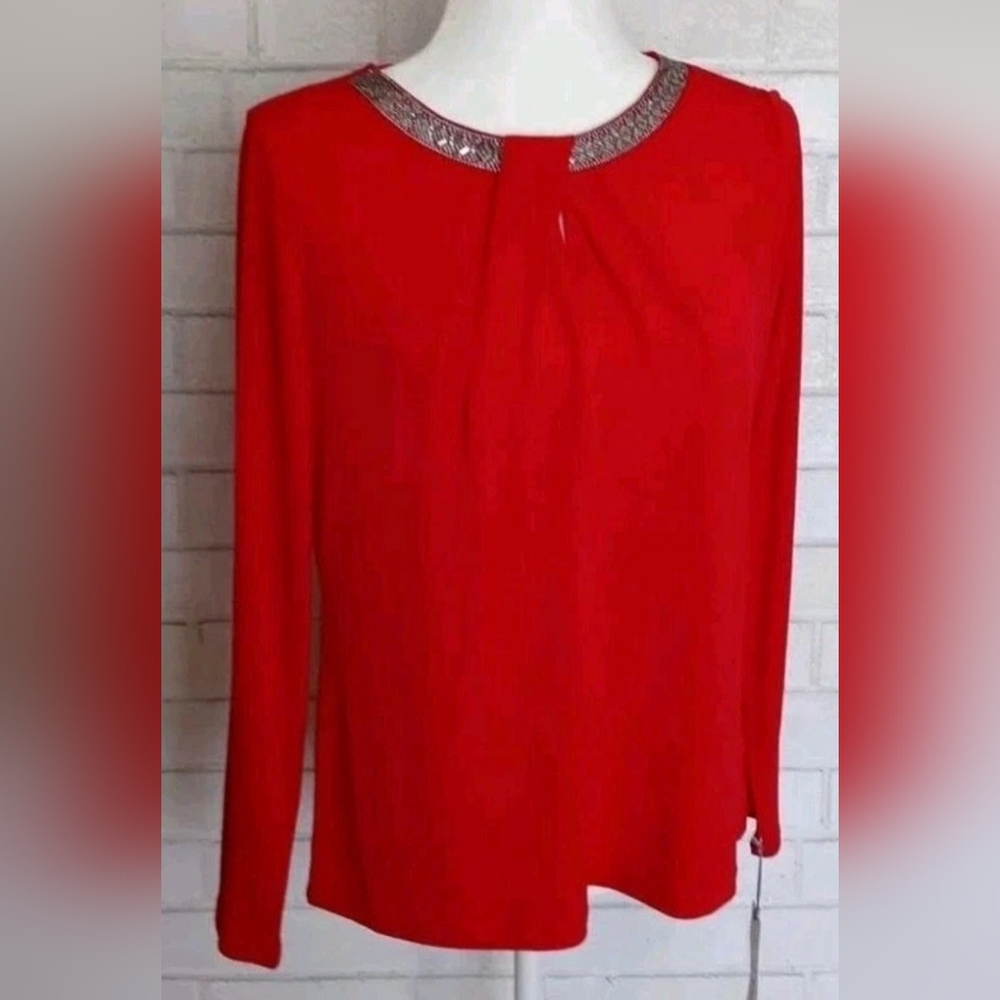 Blouse Women Liz Claiborne  Embellished Neck Long Sleeves  Medium Color Red New